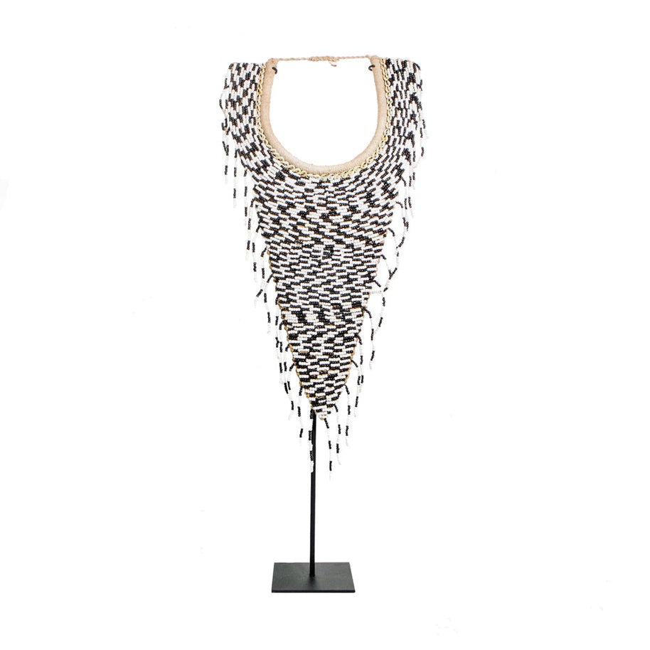 The Tribal Beaded Necklace on Stand – Black and White